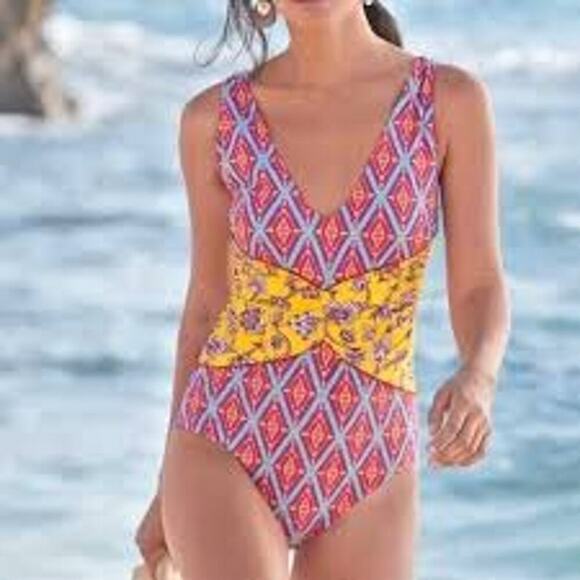 Sundance Women's Pink & Yellow Floral V-Neck One Piece Swimwear Size XL - Picture 1 of 6